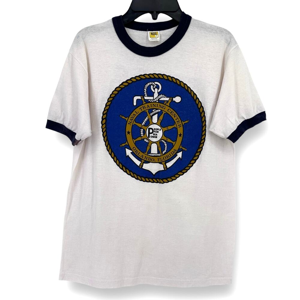 Vtg 80s Naval Training Center Orlando Ringer T Shirt Size M Pipestem Velva Sheen